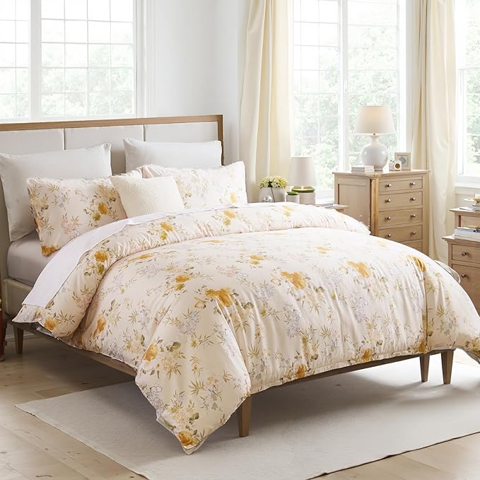 100% Cotton Duvet Cover King Size – Elegent Yellow Floral Duvet Cover Set with Zipper Closure & Corner Ties, 3-Piece Luxury & Silky Soft Bedding Set for All Seasons