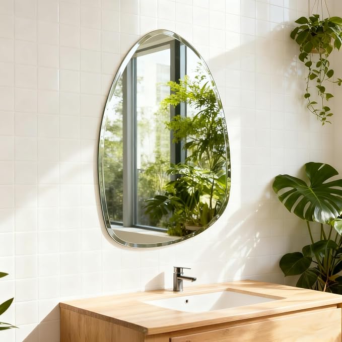 Frameless Asymmetrical Teardrop Shaped Wall Mirror, 20x28 Inch Beveled Edge Decorative Vanity Mirror for Bathroom, Bedroom, Entryway