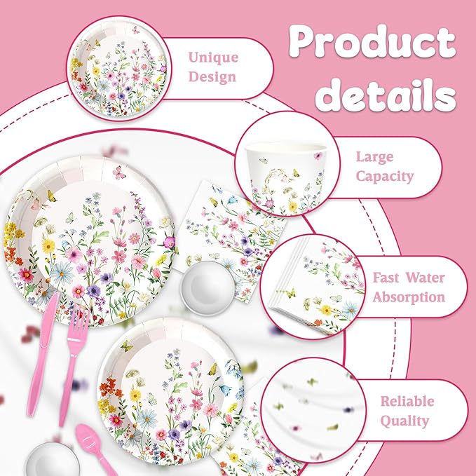 141pcs Spring Wildflower Party Decorations include Wildflower Plates Napkins Forks Knives Straws Tablecloth Cups for Floral Baby Shower Birthday Decorations,Suitable for 20 Guests