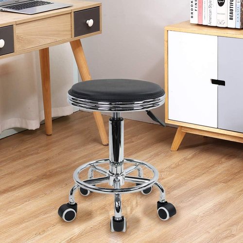 KKTONER Round Rolling Stool - PU Leather Swivel Stool with Foot Rest for Spa & Salon | Small Black
