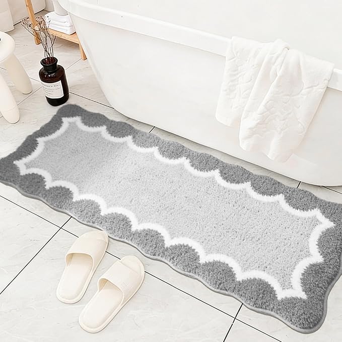 Scalloped Grey Bathroom Rugs Mat,Non Slip Absorbent Quick Dry Bath Mats for Shower Room,Plush Microfiber Bath Rug for Bathroom Floor Washable Carpet for Shower Tub Sink Bedroom,17"x47"