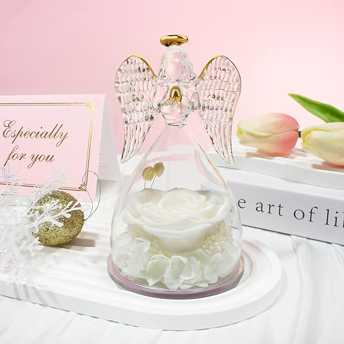 Sunia Preserved Flower Rose Gift for Women - Mother's Day Birthday Gifts for Mom Wife Grandma, Glass Angel Figurines Forever Real Roses Gifts for Her Valentine Day Thanksgiving﻿ (White)