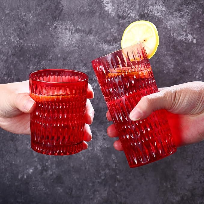 Loivttvv Glassware Drinking Glasses Set of 8, 14 oz Highball Glasses & 10 oz Ribbed Glass Cups, Vintage Glassware for Water, Juice, Cocktail (Christmas Red)