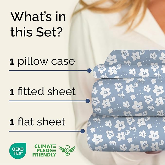 Floral Sheets - Blue Floral Bed Sheet Set - 1 Flat, 1 Fitted & 1 Pillowcase w/ Deep Pockets - Comfy, Wrinkle & Fade Free - Boho Botanical Bedding - Ultra-Soft, Breathable and Cooling - Twin Size Set