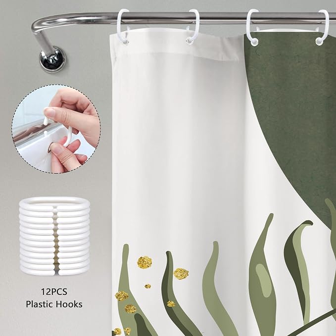 Pink Green Boho Shower Curtain 72Wx84H Extra Long Bohemian Mid Century Modern Abstract Sage Green Gold Leaves Plant Minimalist Bathroom Decor Arch Bath Curtain Fabric Polyester 12 Pack Hooks