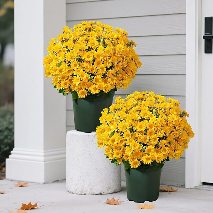 Artificial Mums 10 Bundles, Artificial Sunset Mums, Artificial Outdoor Sunset Mum-s Flowers - UV Resistant, Waterproof, Windproof, Reflecting Autumn Vibe (Gold - 10 Bundles)