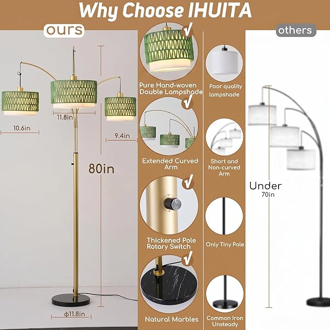 Arc Floor Lamp for Living Room, 80 Inch Gold Rattan Floor Lamp with Rotary Switch, 3 Lights Boho Tall Lamp with Green Wicker Shade for Coastal,Bohemian,Tree Farmhouse Standing Lamp