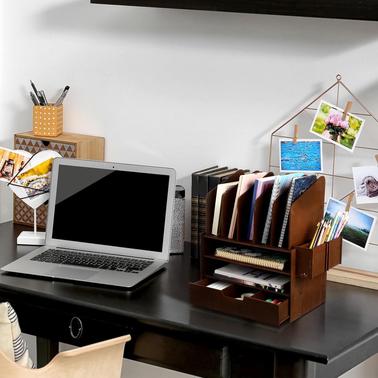 Wonderjune 4-Tier Wooden Desk File Organizer - Multifunctional Office Accessories with 5 Vertical Holders & Drawer