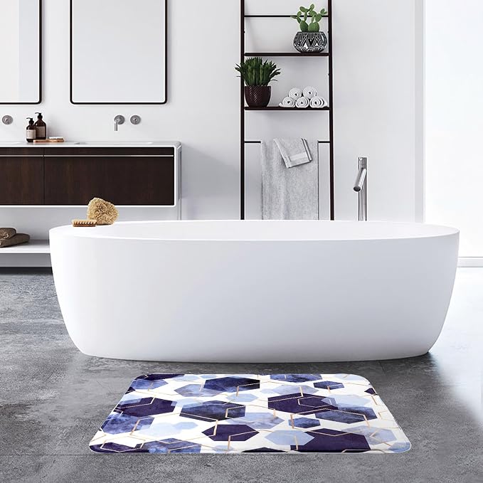 LB Navy Blue Marble Bath Mat for Bathroom Abstract Geometric Non Slip Floor Rug Gold Honeycomb Hexagon Doormat Super Absorbent Memory Foam Living Room Bedroom Door Front Area Rugs,31.5x19.6 Inch