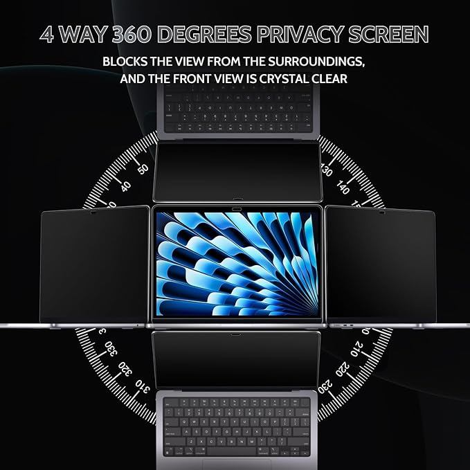 Peslv 360° 4 Way Privacy Screen for Macbook Air 13 (2018-2021, M1) & Macbook Pro 13 (2016-2022, M1, M2), Anti Glare Blue Light Spy Filter Private Cover, Black Security Protector for Mac Laptop