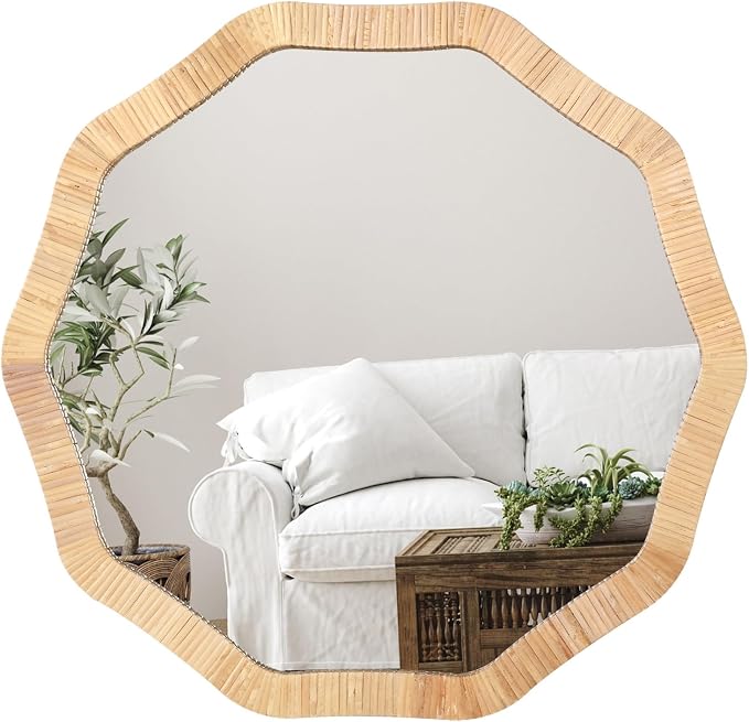 ULIKE Rattan Wicker Mirror for Bathroom, 24 Inch Boho Woven Decorative for Wall, Rustic Farmhouse Vanity Mirror, Geometric Rattan Mirrors for Living Room Entryway Bathroom Bedroom