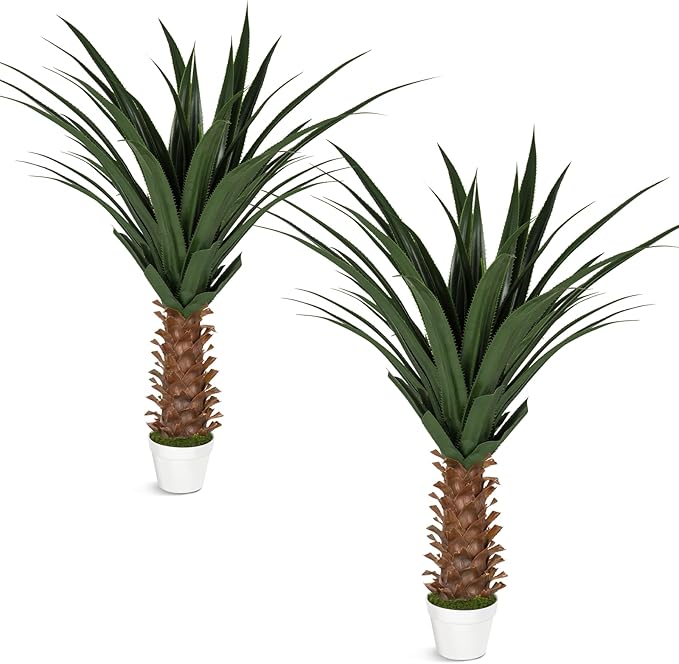Set of 2 Artificial Agave Plants 4ft Each, Realistic Faux Spiked Agave Trees with Lifelike Leaves and Moss in White Pots, Indoor Outdoor Floor Plants for Home Office Patio Porch Decor