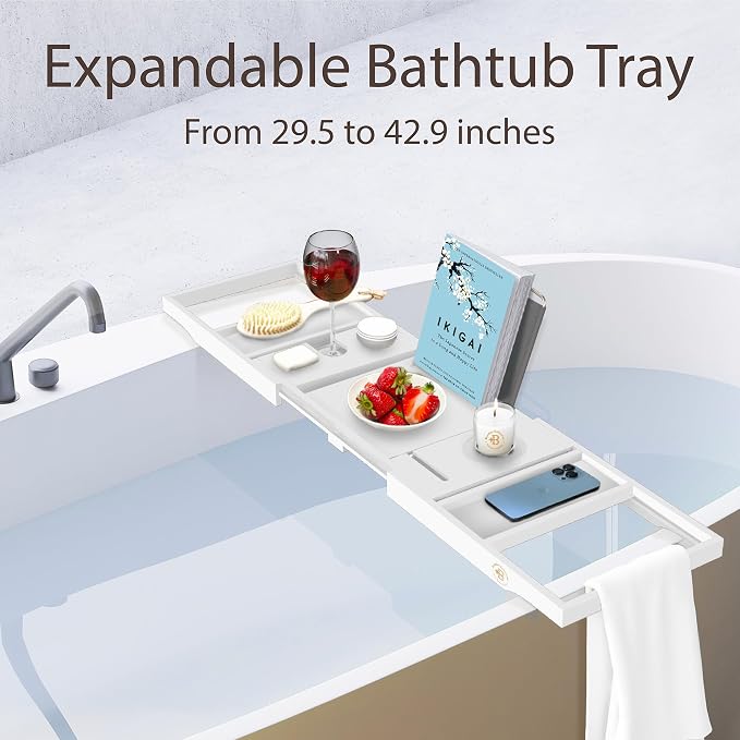 White Bathtub Tray for Tub - Bamboo Bath Tray, Expandable Wooden Bath Caddy Tray with Wine Holder, Book and Tablet Stand, Bathroom Accessories, Tub Table, Bridal Shower Gifts for Women