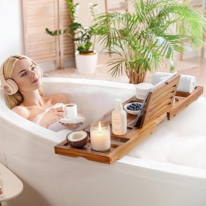 Teak Bathtub Tray for Tub, Expandable Bath Tray 28–40in, Foldable Bathtub Caddy with Wine Glass Holder, Phone & Book Stand, Wooden Bath Tray Organizer, Luxury Bathroom Accessories Gift - Light Walnut