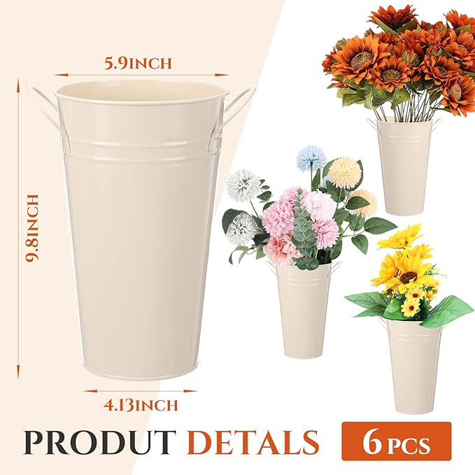 Chumia 6 Pcs Buckets Bulk Cut Flower Bar Supplies Christmas Centerpiece Wedding Galvanized Vase Metal Bloom Bridal Bouquet Pail with Handle French Farmhouse Rustic Floral Arrangement(White,9.8 Inch)