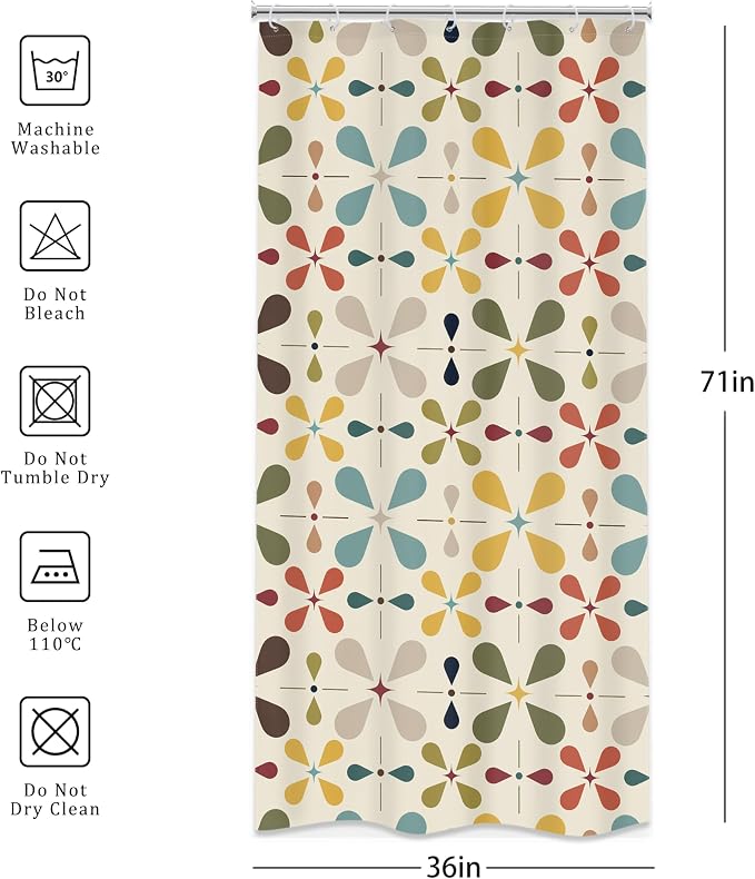 Boho Mid Century Shower Curtain Bathroom Set 36Wx71H Inches Small Stall Modern Vintage Abstract Bohemian Colourful Geometric Retro Bath Accessories Aesthetic Art Home Decor Fabric 7 Pack Hooks