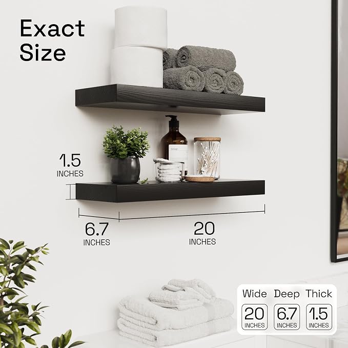 BAOBAB WORKSHOP Solid Wood Floating Shelves for Wall 20 Inch Wide, Wooden Bathroom Shelves for Room Wall, Heavy Duty Shelf Mounted Kitchen Bedroom Rustic Farmhouse, Black Shelf, 20W × 6.7D, Set of 2