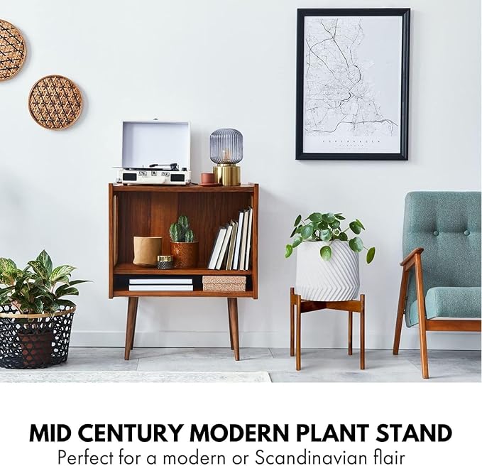 Fox & Fern Mid Century Plant Stand — 14.9 Inch Fixed Size Wooden Plant Stand for Indoor Planters (Not Included) - Extra Large Flower Pot Holder for Indoor Big Pots - Plug In Design - Acacia