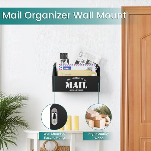 Mail Organizer | Skiennix 2-Slot Mail Holder - Stylish Black Wood Desk Sorter for Home Office