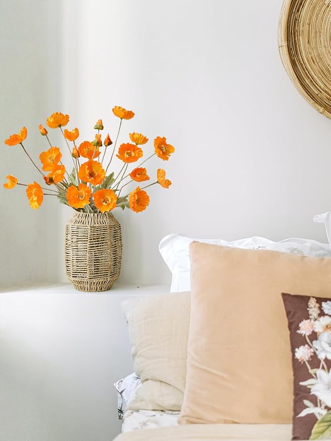 6PCS Orange Poppies Artificial Flowers Faux Poppy Silk Orange Flowers with Long Stems for Home Table Office Fall Outdoor Indoor Baby Shower Halloween Arrangements