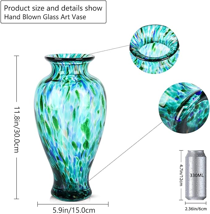 11.8" Tall Turquoise Glass Vase Beautiful Hand Blown Glass Vase Modern Art Home Decor, Wide Mouth Colorful Vases for Mantle Dining Table Centerpiece, Entryway Living Room Wedding Decoration
