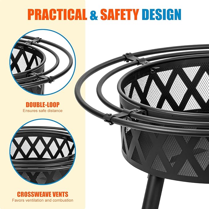 EcoNook 36 Inch Wood Burning Fire Pit with 2 Loops, Outdoor Fire Pit with Spark Screen & Fire Poker, Cross Weave Firepit for Outside Fireplace Bonfire for Yard,Patio, Garden