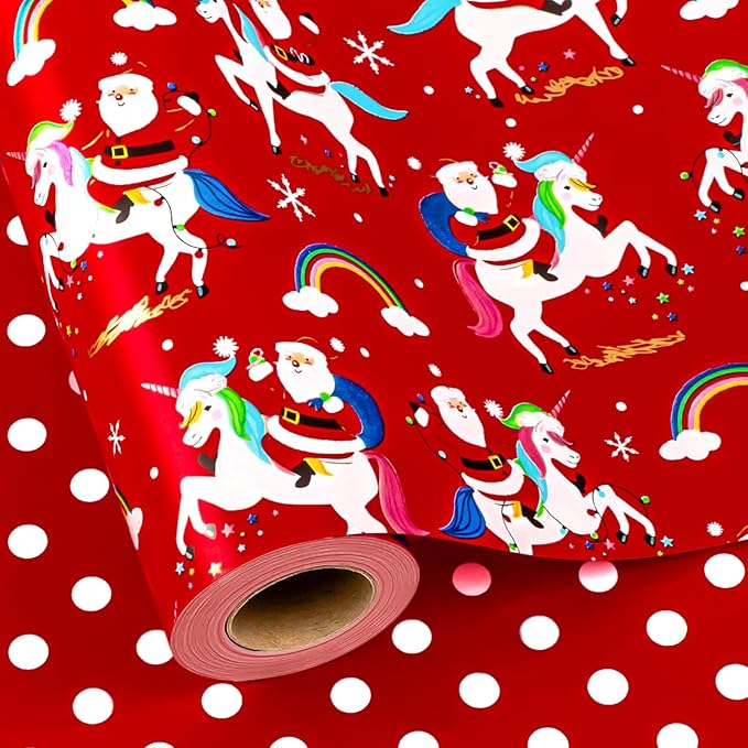 MAYPLUSS Christmas Wrapping Paper Roll - 17 Inch X 33 Feet - Reversible Fairytale Christmas Red Unicorn, Santa Claus, Rainbow, Polka Dot Design Holiday Winter Gift Wrap for Wedding, Party,Celebration