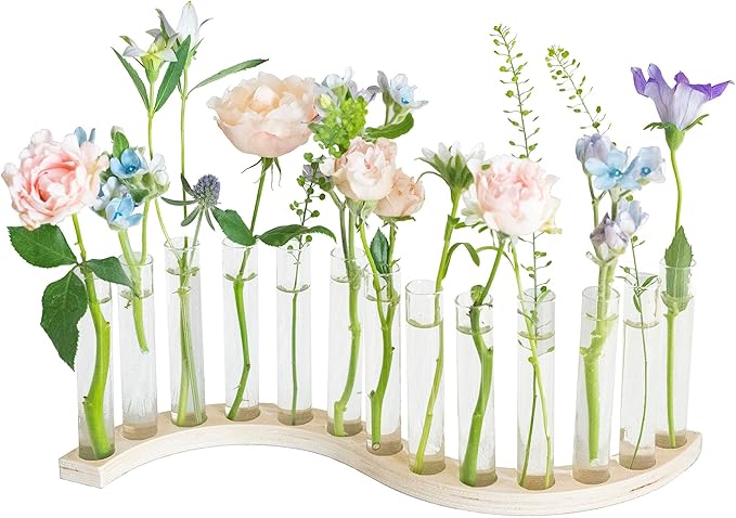 Test Tube Vases for Flowers，Small Plant Propagation Station，S Shape Plant Terrarium with Wooden Stand(Light Wood)