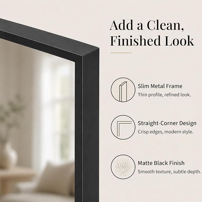 24"x36" Black Bathroom Mirror for Wall, Shatterproof Tempered Glass, Rectangle Thin Metal Frame, Ultra-Flush Wall-Mounted, H/V Mount