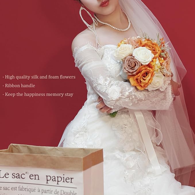 Wedding Bouquets for Bride Bridesmaid,Terracotta Burnt Orange Bouquet Artificial Fake Silk Roses Flowers Bridal Bouquet for Wedding Fall Boho Rustic Church Decoration Toss Bouquet (8.6in(M))