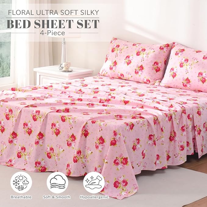 Bedlifes King Sheet Set Ultra Soft, Breathable, Silky Flower Deep Pocket 100% Microfiber Bedding, 4 Piece King Size Pink Floral(Red Rose)