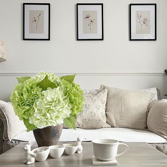 4PCS Green Artificial Hydrangeas, 21” Latex Silk Real Touch Lifelike Hydrangea Artificial Flowers,Large Faux Flowers for Wedding Outdoor Kitchen Table Home Garden