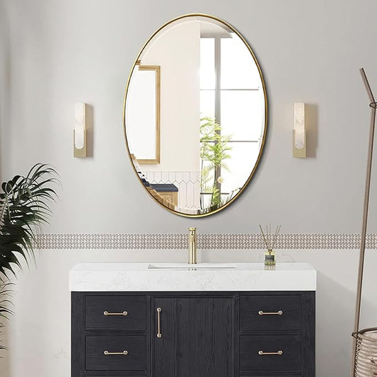 POZINO Oval Beveled Mirrors, 22"x30" Brush Gold Bathroom Vanity Mirror for Over Sink, Stainless Steel Frame Mirrors Modern Wall Mirror for Living Room Bedroom Entryway, Horizontal Or Vertical ﻿