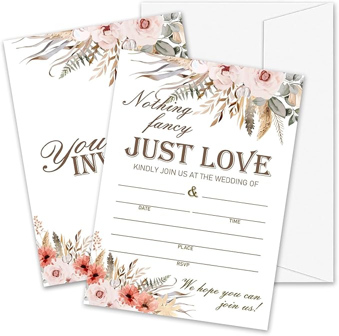 Boho Pampas Grass Wedding Invitations, 5"x 7" Nothing Fancy Just Love Wedding Invites Cards With Envelopes, 25 PCS for Party Decorations and Supplies - A03
