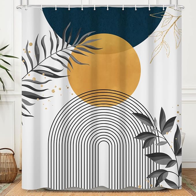 Boho Mid Century Shower Curtain, Orange Blue Modern Minimalist Abstract Geometric Gold Plant Leaves Arch Bathroom Curtains Waterproof Fabric Buthtub Curtain Set with Hooks 66" Wx72 L