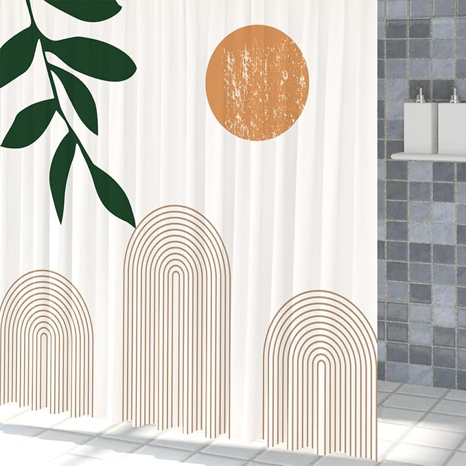 Boho Mid Century Shower Curtain Abstact Arch Sun Leaves Modern Minimalist Geometric Plant Aesthetic Shower Curtains Polyester Fabric Bathroom Decoration Curtain with Hooks 72x72 inch