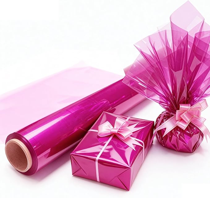200 ft Pink Cellophane Wrap Roll (16 In x 200 Feet) - 2.5 Mil Thick for Gift Baskets, Bouquets, Party Decorations