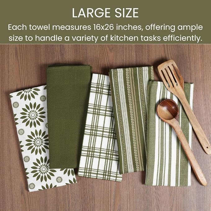 Assorted Kitchen Towels Large 16x26 inches 100% Cotton Set of 5 - Soft Absorbent Washable Tea Towel for Kitchen - Dish Cloths with Hanging Loop - Quick Drying Dish Towels Green
