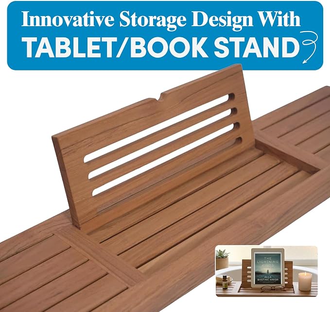 AquaTeak 30" Manada Teak Bathtub Tray Caddy - Durable, Water-Resistant Bath Tray for Tub with Foldable Book & Tablet Stand - Fits Standard Soaking Bathtubs - Bathroom Accessories for Spa