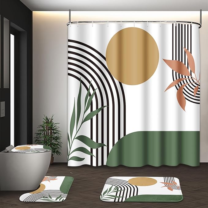 Boho Mid Century Shower Curtain Set with Toilet Lid Cover and Non-Slip Rugs, Abstract Green 4 Pcs Modern Minimalist Shower Curtain for Bathroom Set with 12 Hooks