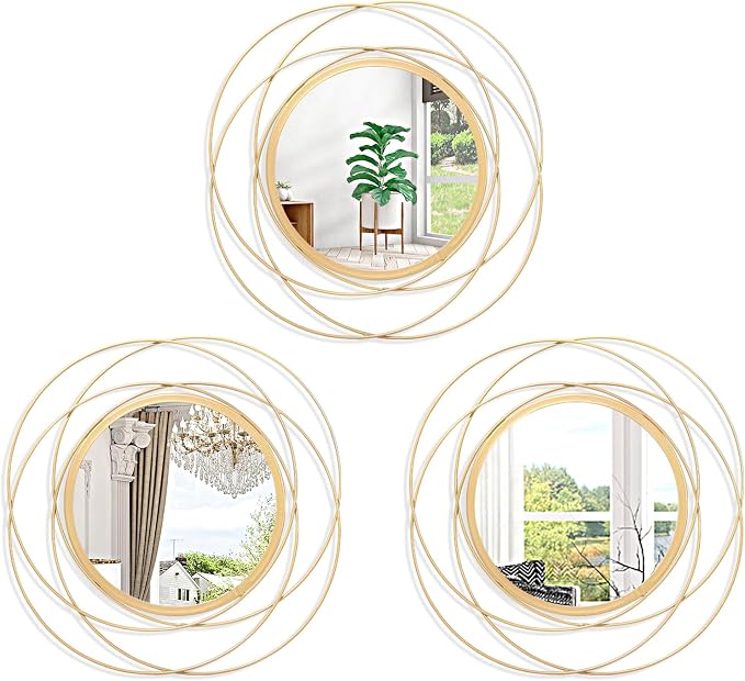 Gold 3 Set Circle Mirrors Wall Decor Wire Metal Mirror Round Mirror Home Decor Hanging Mirror for Room Bedroom Bathroom Entryway 12''