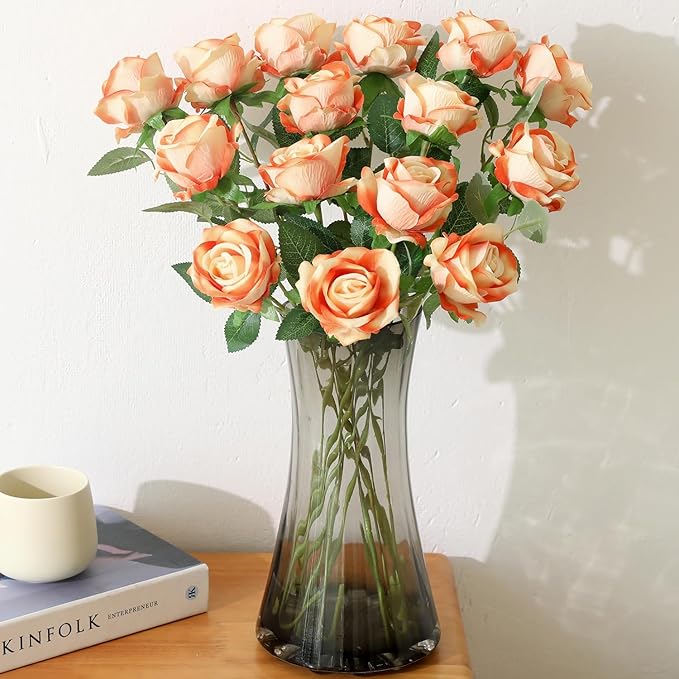 15Pcs Pearl Sunset Red Roses Artificial Flowers Fake Roses Long Stem Velet Rose Silk Flowers for Home Wedding Decoration (Pearl Roses,Sunset Red)