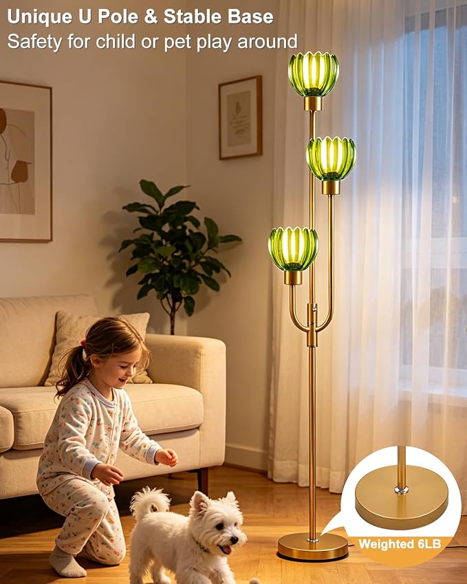 Lightdot 3-Lights Modern Glass Floor Lamp Gold Dimmable Floor Lamps with 3000K Warm White Bulbs for Wedding Party 66IN Tall Standing Lamp with Green Glass Shade for Living Room/Bedroom/Home Decor