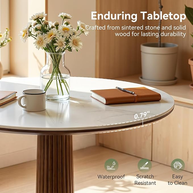 Round Dining Table, 31.5" Solid Wood Dinner Table with Thickened Top & Steel Pedestal, Mid Century Modern Bistro Table for Kitchen, Small Space, Living Room, Cafe, White & Walnut -Style C
