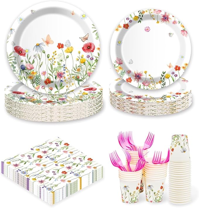 Wildflower Party Plates and Napkins supplies, Floral Paper Plates Wildflower Baby ShowerDecorations Tableware for Spring Summer Pinic Wedding Birthday Tea Party Service 24 Guests