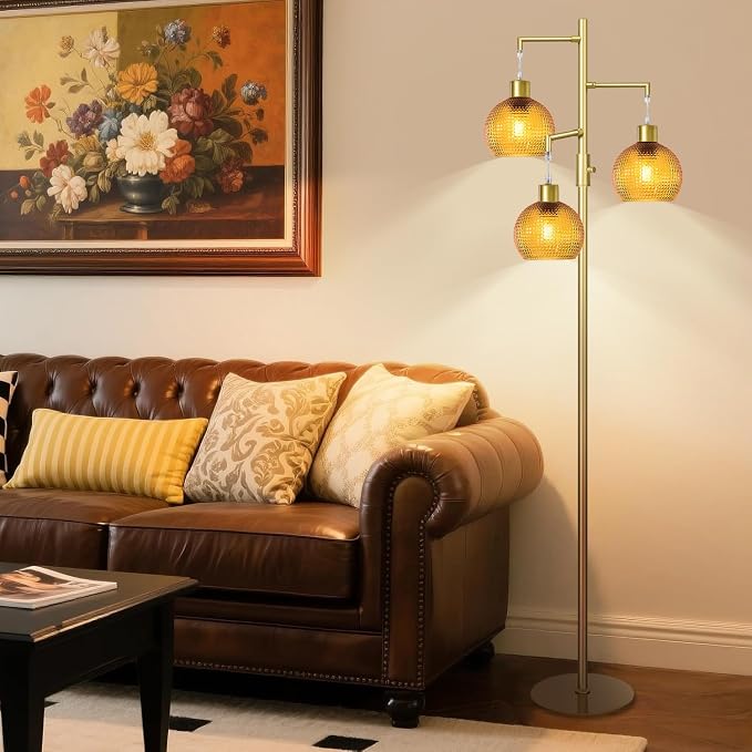 Modern Floor Lamp for Living Room, Mid Century Standing Tree Lamps with Orange Glass Shade, Dimmable 3 Lights Tall Lamp, 3 x 600LM LED Edison Bulbs Included