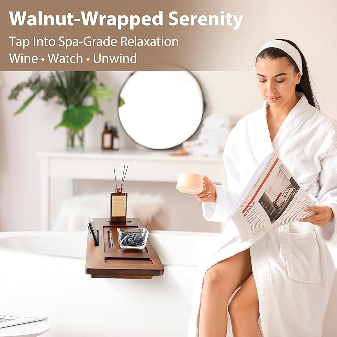 Solid Walnut Bathtub Tray Caddy - 35" Non-Slip Luxury Bath Board for Freestanding Tub - Premium Wood Bathtub Organizer with Wine Glass, Book & Phone Holder for Spa Relaxation, Gift Ideas