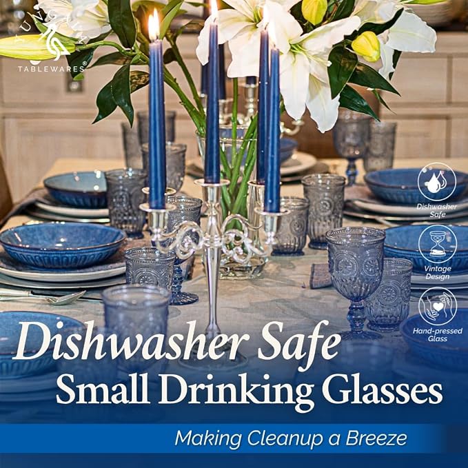 Blue Glassware set of 6 small dishwasher safe colored glasses, Blue glass cups, matching highball and wine glasses available