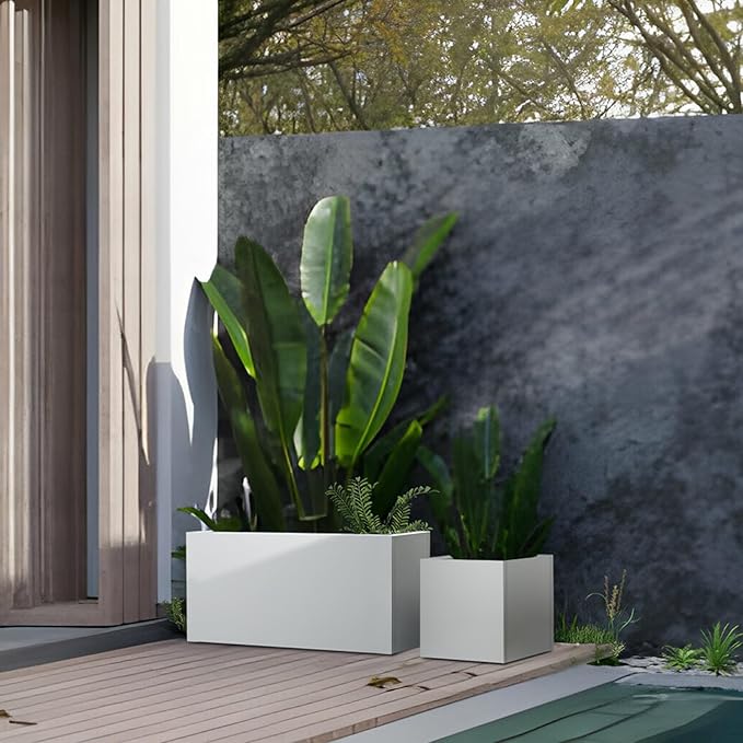 White Steel Rectangular Planter Metal Outdoor Indoor Planter Box 31.5" L x 16" W x 16" H Galvanized Steel Large Rectangle Planters Modern Commercial Residential for Trees Patio Yard Garden