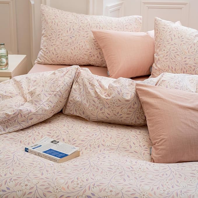 EAVD Pink Botanical Duvet Cover Queen - Soft 100% Cotton Garden Floral Tree Branches Pattern Bedding Set with 2 Pillowcases Vintage Style Comforter Cover with Zipper Closure